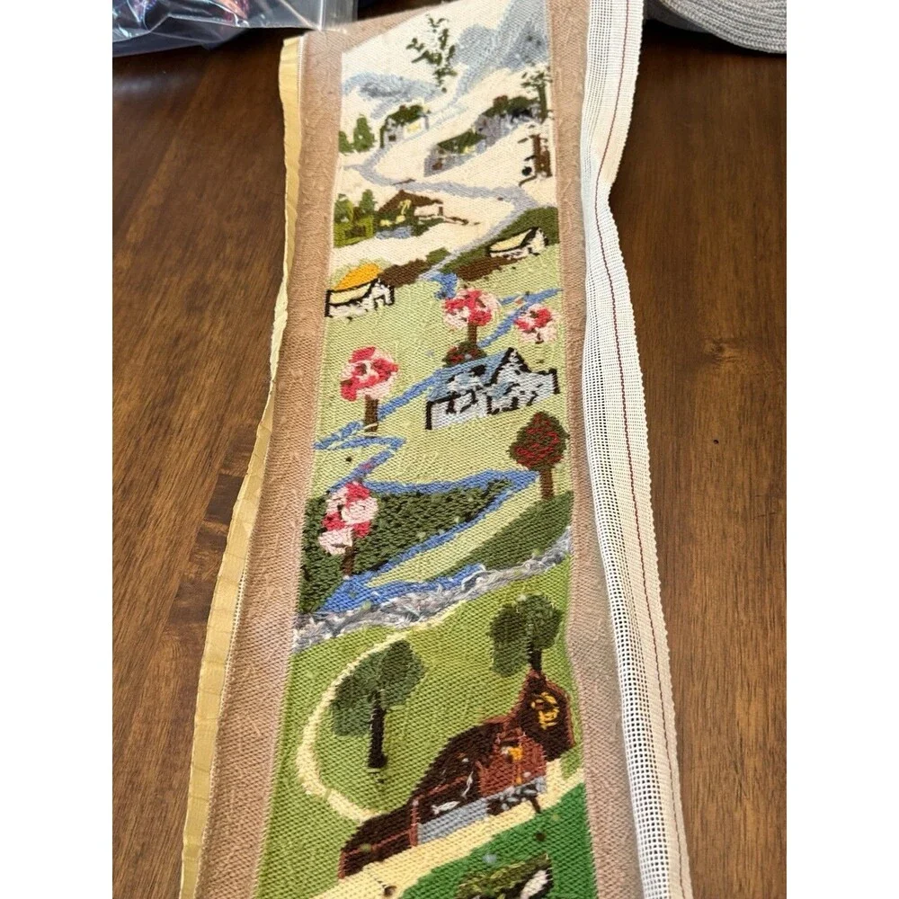 VTG Needlepoint Four Seasons  35” X 6 3/4” Cottage Core Cabin Ready To Frame